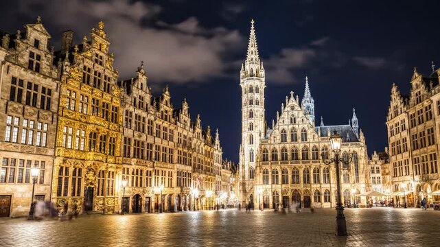 Grand Place Brussels at Night Illuminated Historic Buildings Illuminated Square.
