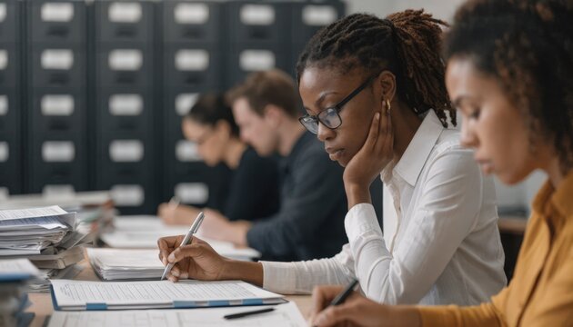 Medium shot of compliance officers verifying documentation accuracy in a fund office the lead auditor sharply detailed among softly blurred filing cabinets.