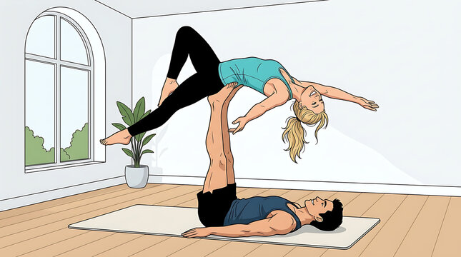 Young woman performing acro yoga pose supported by man indoors  