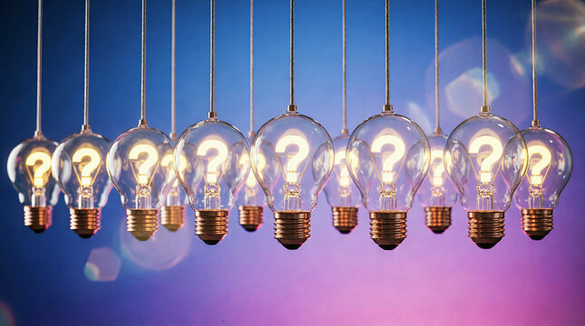 Row of Glowing Light Bulbs with Question Marks as Symbols of Ideas, Innovation, and Problem Solving on Purple Background.
