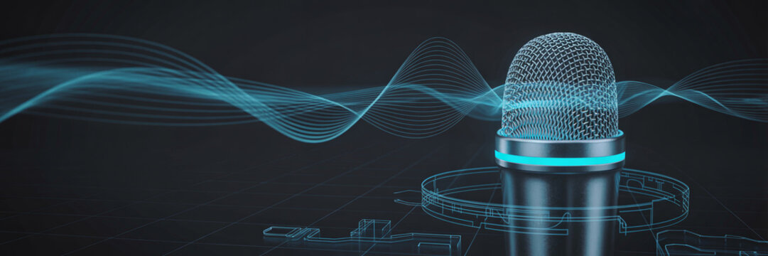 futuristic digital microphone with glowing sound wave technology background for audio recording podcast and voice communication concept
