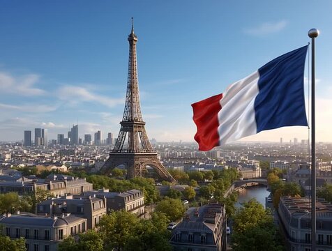 French flag flying over the eiffel tower in paris
