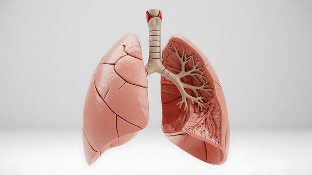 Human lungs anatomy model with trachea and bronchi on white background for medical education and health concepts