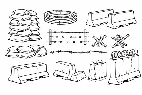 Line art war and security elements set featuring sandbags, barbed wire, and concrete barriers for military defense, border protection, and conflict zone illustrations in a hand-drawn sketch style.