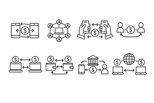 P2P Peer to Peer Payment and Decentralized Network Outline Icon Set Featuring Mobile Money Transfer, Online Transaction, Digital Wallet, Global Banking, and Financial Technology Fintech Symbols