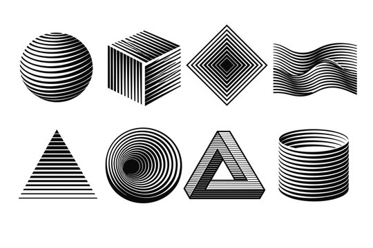 Set of Abstract Geometric Shapes and 3D Forms Created with Parallel Black Lines on White Background, Featuring Sphere, Cube, Triangle, Cylinder, and Optical Illusions for Modern Graphic Design