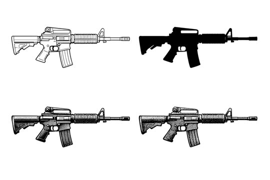 Set of Four Assault Rifle Illustrations Showcasing Various Hand-Drawn Techniques Like Detailed Line Art, Solid Black Silhouette, Vintage Engraving, and Stippling for Tactical and Military Designs
