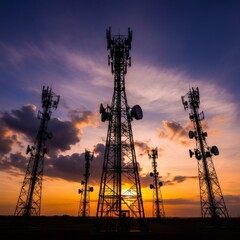 Obraz premium Silhouette of multiple telecommunication towers during sunset. Concept of 5G network infrastructure and radio antenna for global communication technology.