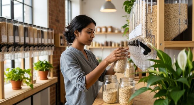 Woman filling glass jar with grains at zero waste shop. Customer buying organic food in bulk store. Sustainable lifestyle, eco friendly shopping and plastic free living concept.