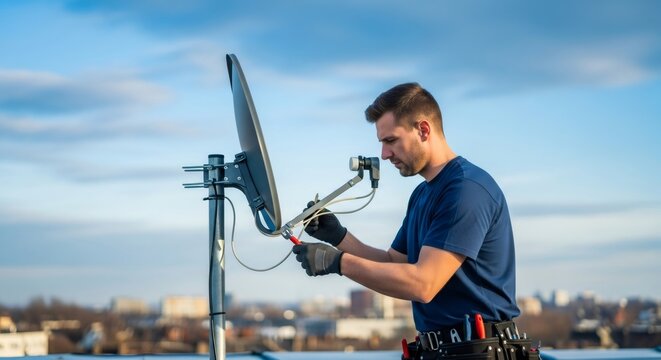 Man installing a satellite dish on a rooftop for communication and internet service. Telecommunication worker setting up networking antenna.