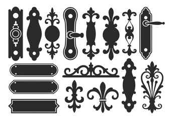 Collection of vintage door hardware silhouettes including ornate escutcheons metal plates decorative fleur de lis motifs and antique handle backplates in black on a white background © SHUVO