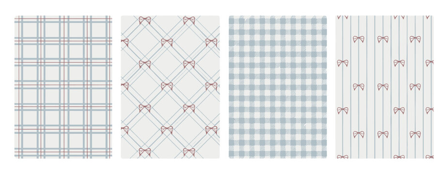 Set of four seamless patterns featuring plaid grids diagonal lines houndstooth texture and small hand drawn bows in muted blue and dusty rose colors on a light gray background