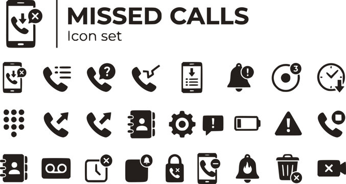 Missed Calls Icon Set Smartphone Screen Unanswered Calls Dropped Calls Scrolling Notifications Call Log Phone Alerts Vector Illustration