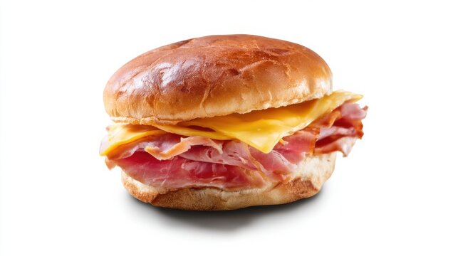 Sliced ham and cheese sandwich on a hamburger bun on white background -