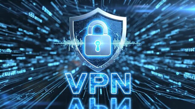 Blue glowing VPN concept featuring a shield and padlock amid streaming digital circuitry, representing encrypted network tunnels, internet privacy, secure access and cybersecurity