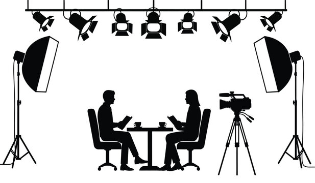 A stark image portrays a film set with bright studio lights illuminating a scene of an interview presented as a silhouette high quality professional