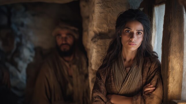 An interior nighttime scene in jericho where israelite spies hide in rahab&rsquo;s house near a window on the city wall under warm lamplight and deep shadows, expressing secrecy and tension.