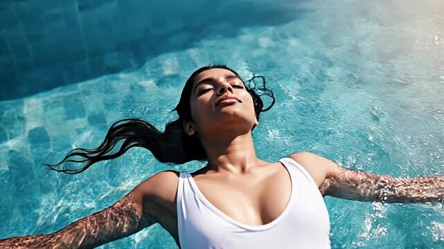 A serene young woman floating face-up in a clear blue swimming pool wearing a white one-piece swimsuit, eyes closed and arms outstretched, sunlit water reflections