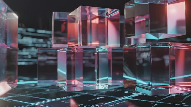 Transparent glass cubes stacked above a glowing neon cyber grid with cyan and magenta reflections in a glossy geometric 3D render suggesting futuristic digital architectural depth