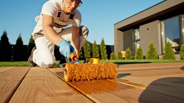 caucasian worker applying varnish to wooden deck with roller. man in overalls and protective gloves renovating terrace. outdoor home improvement and maintenance. diy construction project.