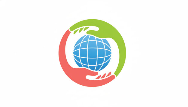 Globe icon with blue latitude and longitude lines inside green and red circular hands logo featuring world, planet, earth with international and map