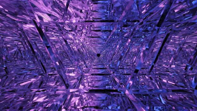 Infinite mirrored crystalline hexagonal tunnel corridor with purple and blue neon reflections forming a kaleidoscopic geometric vanishing portal in a futuristic abstract interior