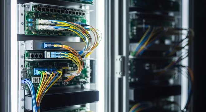 Close up of server rack with colorful network cables and connections for data center infrastructure and IT technology