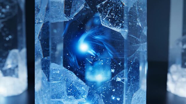 Group of translucent blue crystal obelisks glowing with inner swirling cosmic light and frosted inclusions, arranged on a reflective dark surface in a mystical futuristic scene