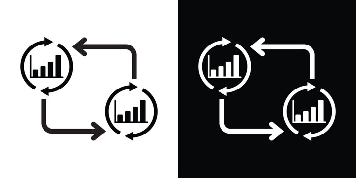 Vector icon of bar charts inside circular arrows, representing continuous data analysis, business performance monitoring, and recursive statistical reporting in a flat design style.