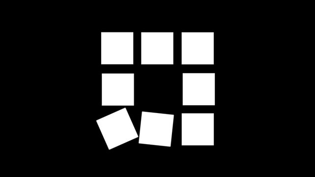 Dynamic 2D shape animation with white cubes moving in various ways. High contrast 4K seamless loop for VJ sets and modern video transitions.