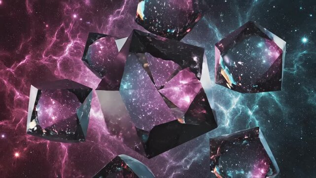 Surreal cosmic scene of faceted crystal polyhedra floating through a vivid purple and cyan nebula, each prism containing miniature galaxies and starlit reflections in deep space