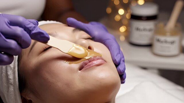 Close Up Of Professional Aesthetician Applying Sugar Wax To A Young Woman's Upper Lip During A Facial Treatment In A Spa With Soft Bokeh Lighting And Jars Of Product In Background