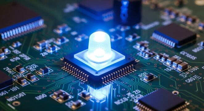 Bright glowing led light on a green circuit board. Digital technology concept for electronics, computer components design and innovative solutions.