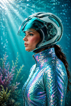 Portrait de femme futuriste en combinaison holographique et casque high-tech, univers aquatique mermaidcore et innovation digitale