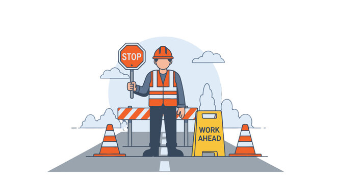 Road worker directing traffic with stop sign.