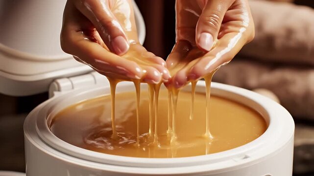 Close Up Of Woman Hands Receiving Paraffin Wax Treatment For Skincare And Relaxation In A Spa Setting With Soft Lighting