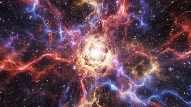 Cinematic cosmic supernova explosion featuring a bright white core radiating orange and purple nebula clouds with distinct light rays against a deep starry space background.