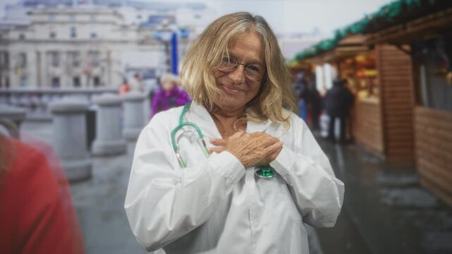 Senior woman doctor with stethoscope places hands over chest on street smiling; gratitude care healing.