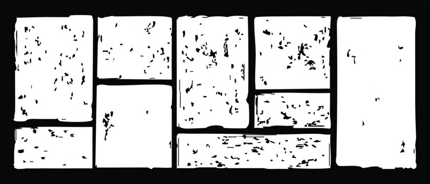Grunge distressed rectangles 2:3 set. Linocut, relief printing textured shapes rough textures. vector illustration,