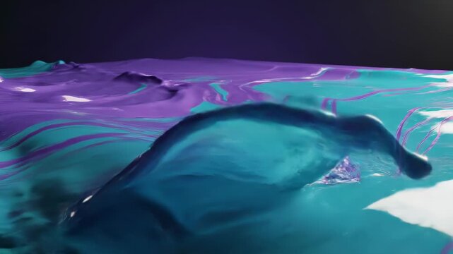Close-up view of glossy purple and teal paint flowing across a dark surface, forming rolling wave-like textures, streaks and marbled fluid patterns in an abstract liquid landscape.