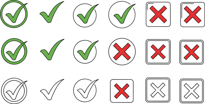 Check Mark and Cross Icon Set with Green Tick and Red X Symbols for Validation, Approval, Rejection, Checklist, Survey, and User Interface Design