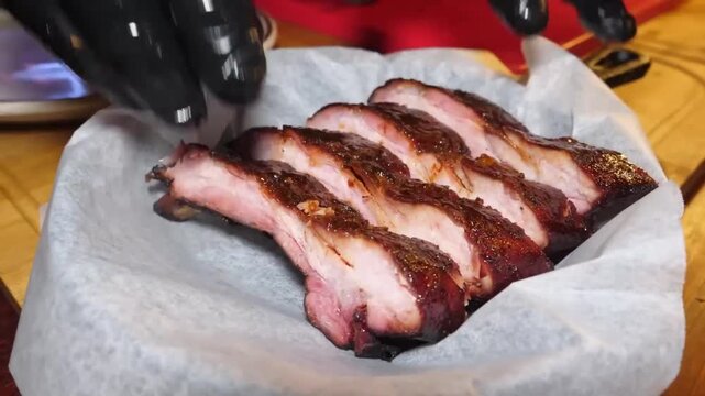 close-up shot of a chef wearing black gloves as they slice into a piece of slow-smoked, tender, and juicy barbecue meat, likely brisket or pork belly, served in a paper-lined basket. The rich smoke ri