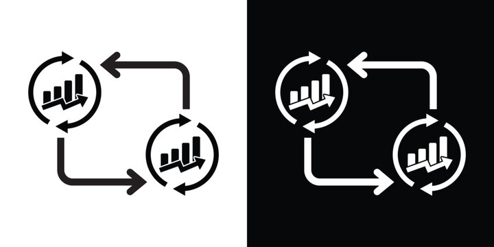 Vector icon of bar charts inside circular arrows, representing continuous data analysis, business performance monitoring, and recursive statistical reporting in a flat design style.