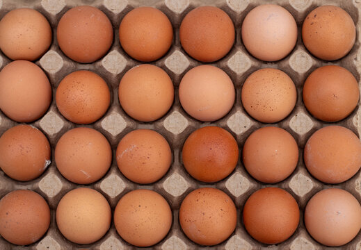Top view of fresh brown organic eggs in cardboard egg tray.