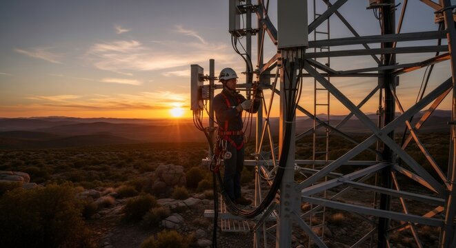Man technician climbing telecommunication cellular tower for maintenance and repair during sunset. Mobile network installation providing global connectivity.