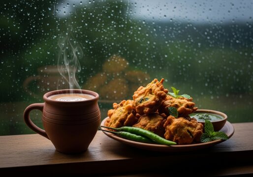 Hot tea in clay mug with pakora and green chutney on wooden table. Rainy day atmosphere with raindrops on glass window. Asian snack food concept for tea time during monsoon season.