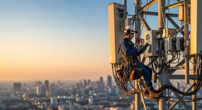 Man professional technician installing 5G communication system on telecommunication tower at sunset. Network service and internet connection technology.