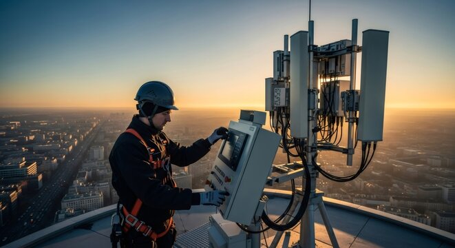 Telecommunication engineer adjusts network antennas on high building rooftop, providing high speed 5g internet to city at sunset for connection technology