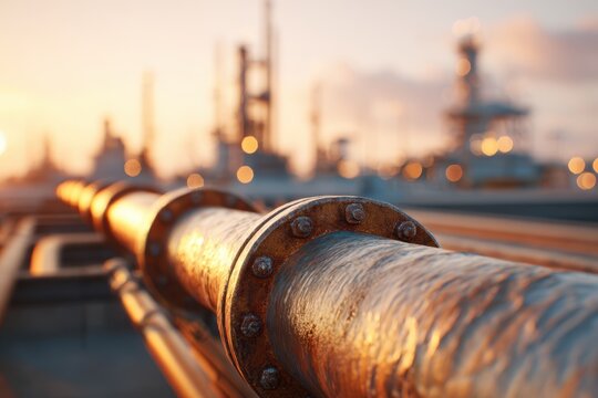 Rusty pipeline flange at refinery sunset
