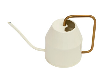 White metal watering can with brass handle isolated on transparent background. Gardening tool for...